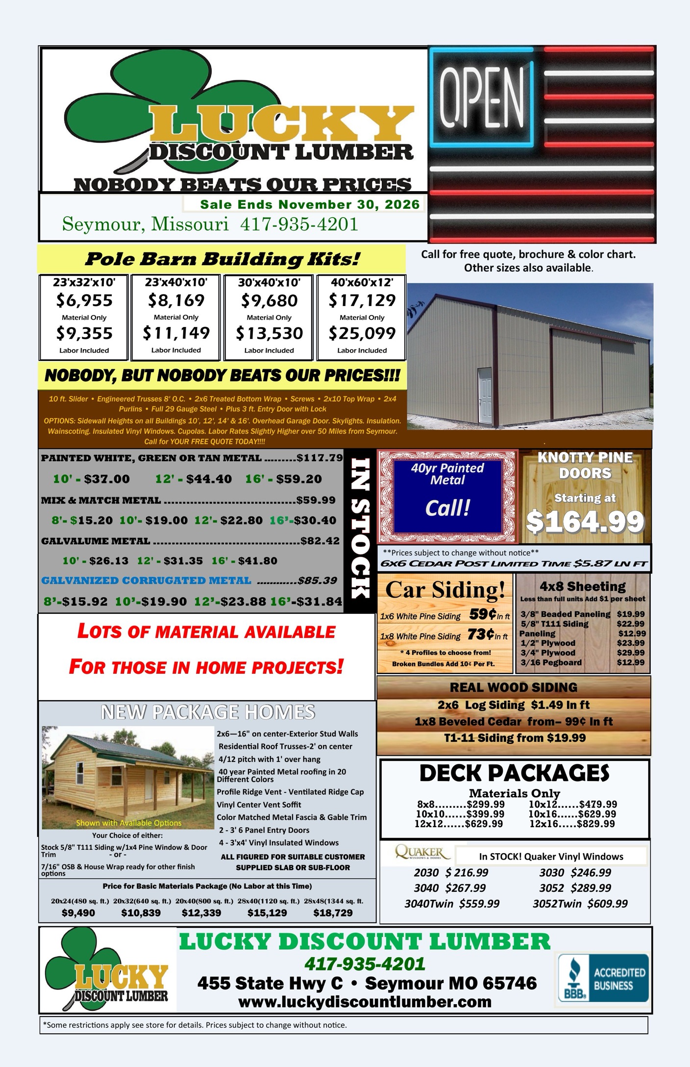 Lucky Discount Lumber ad for November 2026, with pole barn kit prices, metal and siding prices, deck packages, and house package prices