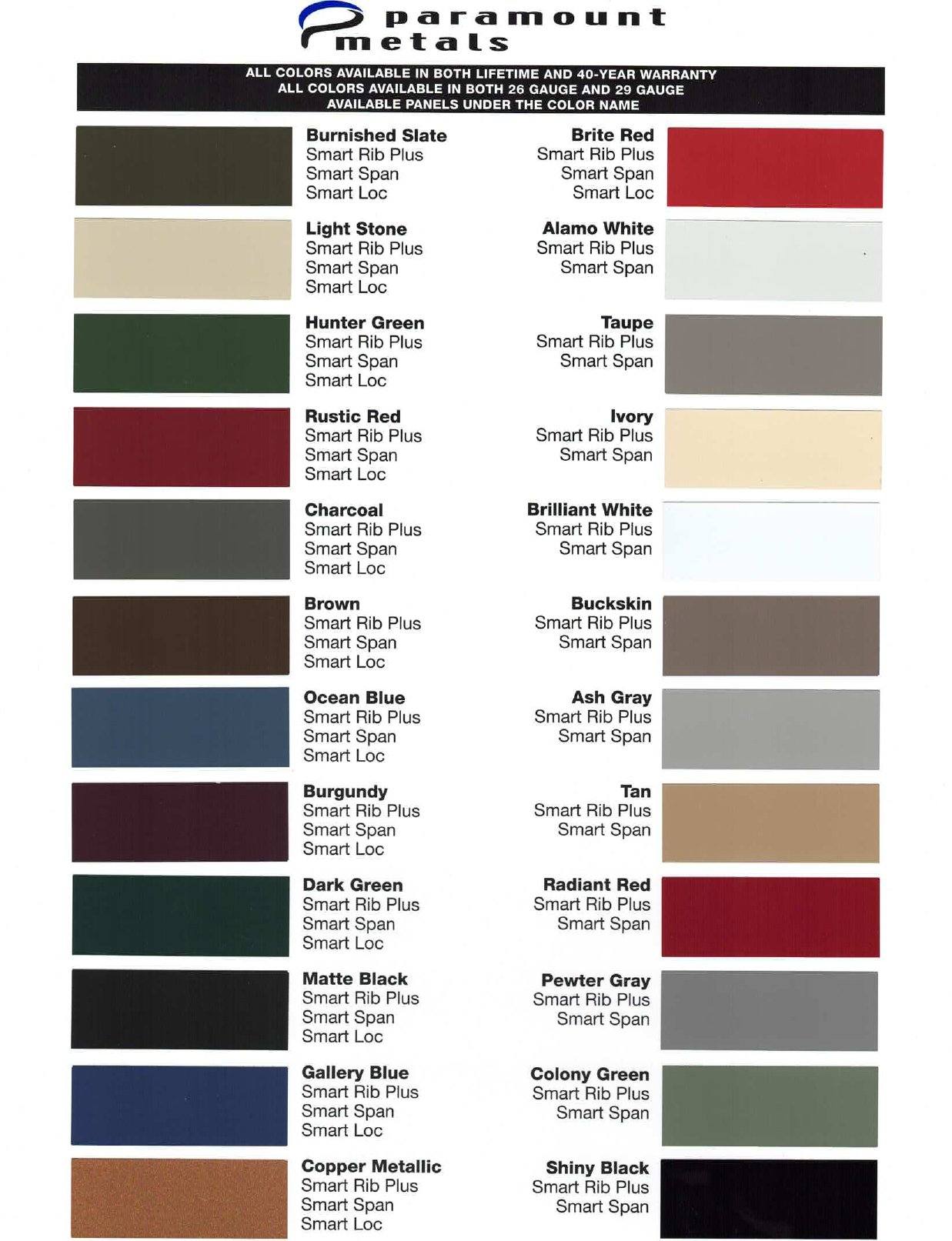 Paramount Metals color chart showing all 24 painted metal colors with the panel profiles each one comes in